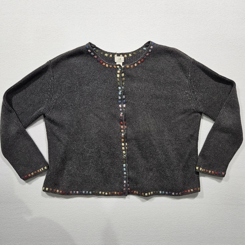 J Jill Cardigan Sweater XSP Petite Embroidered Gray Rainbow Long Sleeve Ramie